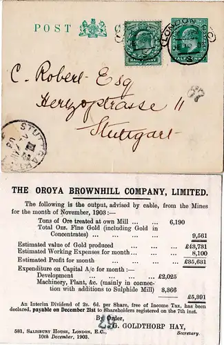 GB 1903, 1/2d Zusatz auf 1/2d Ganzsache v. London m. rücks. Gold Mines Zudruck