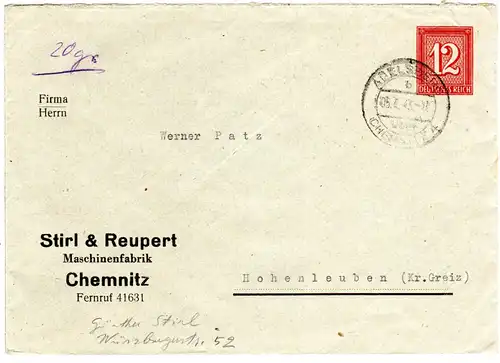 DR, gebr. 12 Pf. Privatganzsache Umschlag Stirl & Reupert Chemnitz 