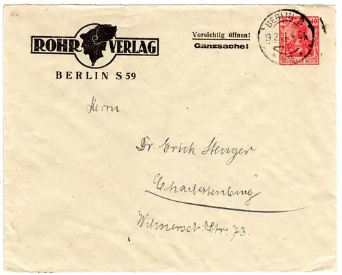 DR 1921, sauber gebr. 40 Pf. Germania Privatganzsache Brief Rohr Verlag Berlin