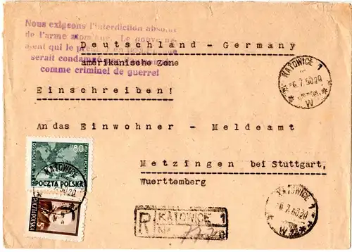 Polen 1950, 5+80 Zt. auf R-Brief v. Katowice m. Atomwaffen Propagandastempel