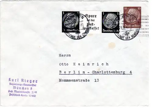 DR, gebr. 10 Pf. Privatganzsache Umschlag m. Zusatzfr. v. München n. Berlin