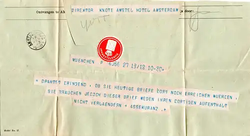 NL 1903, Telegramm v. München, Formular m. Stpl. Amsterdam u. Verschluss-Siegel