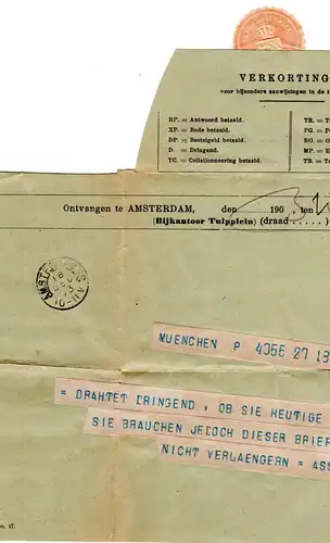 NL 1903, Telegramm v. München, Formular m. Stpl. Amsterdam u. Verschluss-Siegel