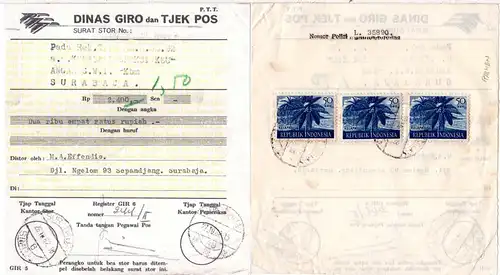 Indonesien 1962, MeF 3x50 S. Palmen rücks. auf Postscheck v. Surabaja
