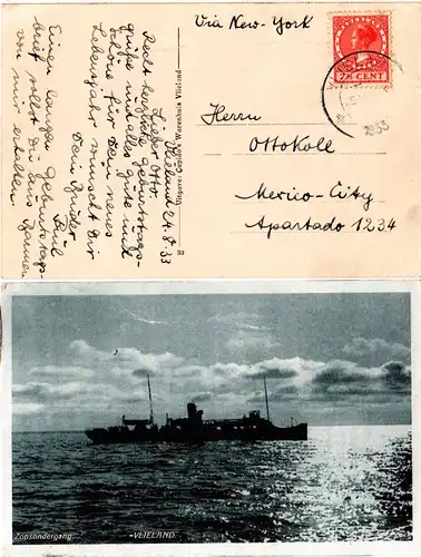 NL 1933, 7 1/2 C. auf Postkarte v. Vlieland n. Mexiko.