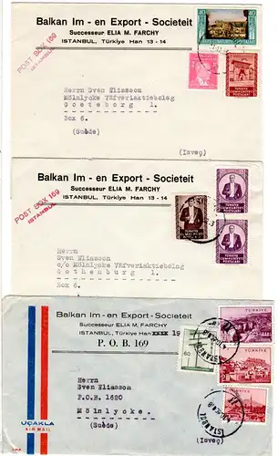 Türkei 1952/60, 3 Firmen Briefe m. versch. Frankaturen v. Istanbul n. Schweden