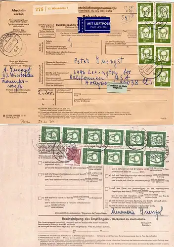 BRD 1966, 17x2 Mk.+20 Pf. auf Luftpost Paketkarte v. Wiesbaden n. USA