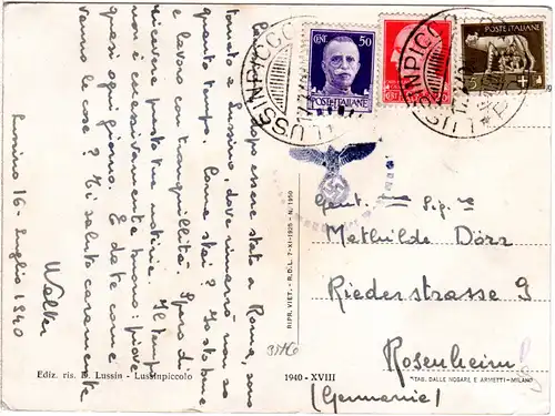 Italien 1940, Besetzung in Kroatien, AK v. Lussinpiccolo m. 3 Marken und Zensur