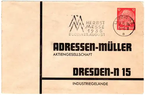 DR, gebr. 12 Pfg. Privatganzsache Umschlag Adressen Müller AG Dresden ohne Datum