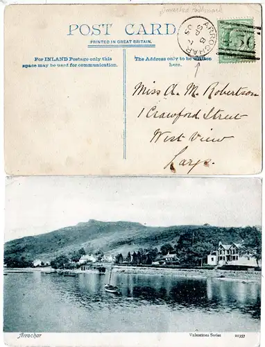 GB 1905, 430 duplex cancel with inverted ARROCHAR on postcard with 1/2d