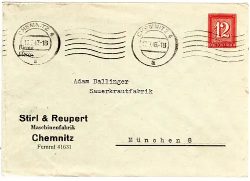 DR, gebr. 12 Pf. Privatganzsache Umschlag Stirl & Reupert Chemnitz 