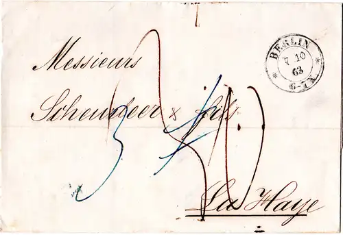 Preussen 1863, Hofpostamt K2 Berlin m. 2 Sternchen auf Porto Brief i.d. NL