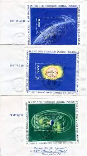 DDR 1964, alle 3 Blöcke Jahr d. ruhigen Sonne auf 3 Ersttagsbriefen.