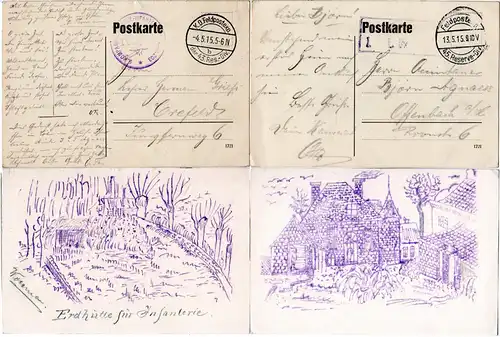 DR, FP WK I, 1915, 2 Feldpostkarten m. rücks. Abbildung n. Krefeld u. Offenbach 