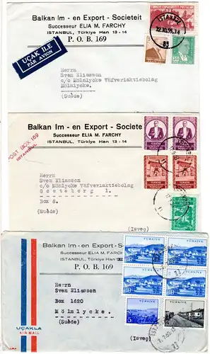Türkei 1953/60, 3 Firmen Briefe m. versch. Frankaturen v. Istanbul n. Schweden.