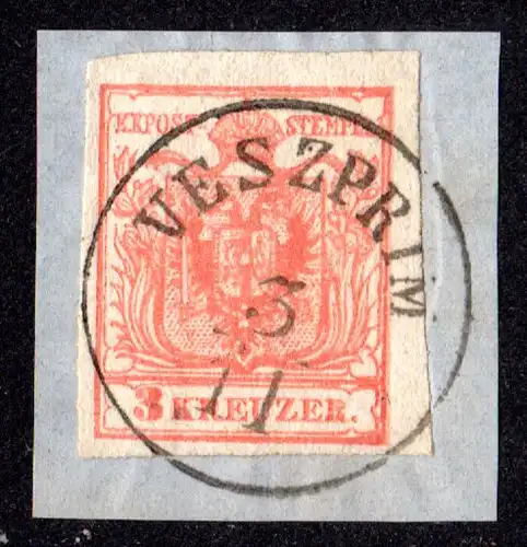 Österreich, VESZPRIM, klarer Ungarn-K1 auf schönem Briefstück m. breitr. 3 Kr.