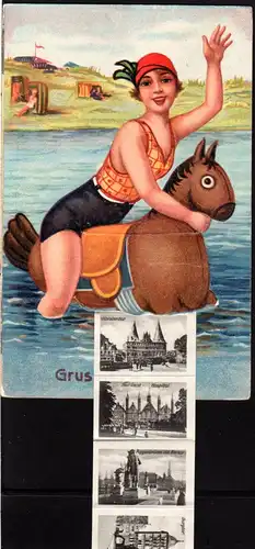 Gruss aus Lübeck, 1937 gebr. Farb-Leporello AK m. 10 Bildern