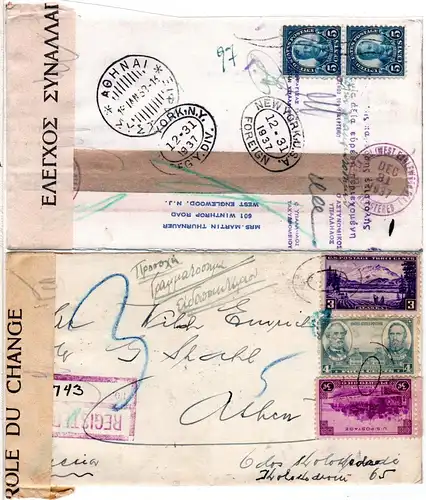 USA 1937, regd. cover from Teaneck West Eaglewood with Grecce censorship