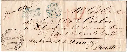 NL 1843, K1 Amsterdam u. L2 Franco Coblentz auf Teilporto Brief n. Österreich