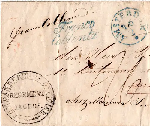 NL 1843, K1 Amsterdam u. L2 Franco Coblentz auf Teilporto Brief n. Österreich