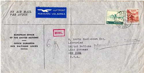 UNO European Office 1948, swiss Air Mail letter from Geneva to New York