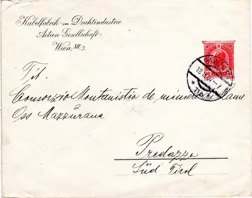 Österreich 1907, gebr. 10 H. Privatganz Brief Kabelfabrik u. Drahtindustrie Wien