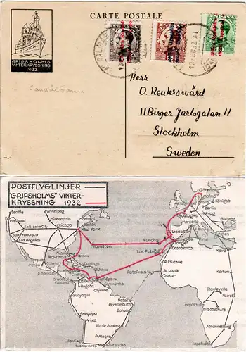 Spanien 1932, 3 Marken auf illustrierter Karte d. Gripsholm Winter Kreuzfahrt