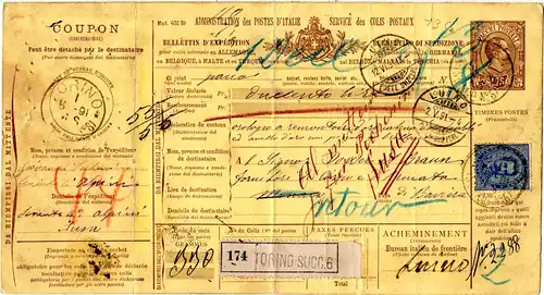 Italien 1891, retour Wert Paketkarte v. Turin n. Bayern m. 25 C. Zusatzfrankatur