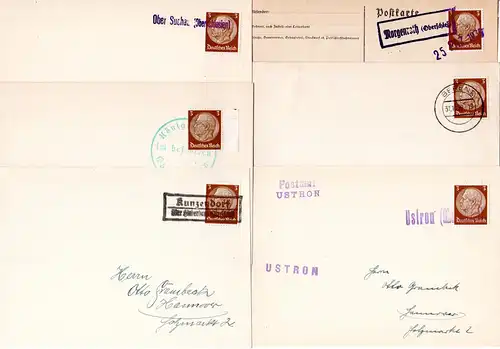 Oberschlesien, 6 Notstempel auf Blankokarten m. jeweils 3 Pf. Hindenburg