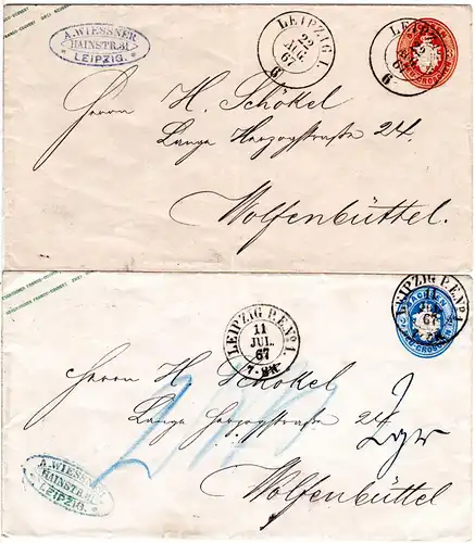 Sachsen 1867, 2 Ganzsachen v. Leipzig ins Herzogtum Braunschweig, 1mal m. Porto