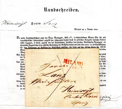 Italien Lombardei 1851, roter L2 Milano auf Brief m. Inhalt i.d. Schweiz.
