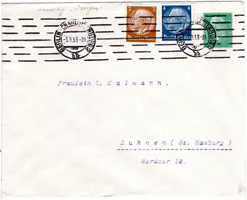 DR, m. Zusatzfr. gebr. 5 Pf. Hindenburg Privatganzsachenumschlag, innen Juergens