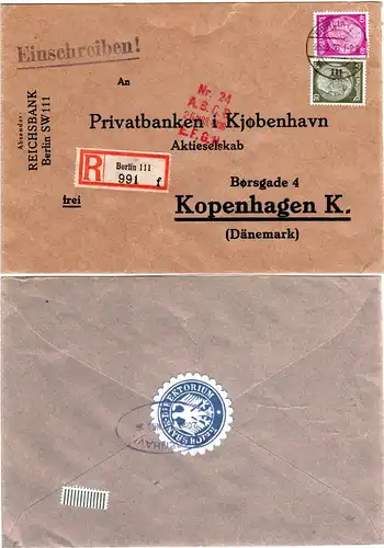 DR 1936, 30+40 Pf. auf Einschreiben Brief der Reichsbank Berlin 111 n. Dänemark.