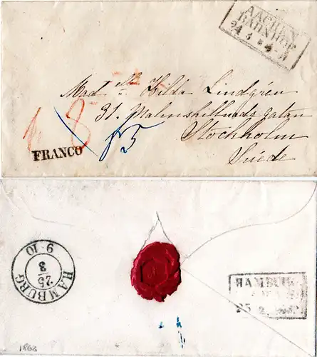 Preussen 1862, R3 Aachen Bahnhof auf Franco Brief via Hamburg n. Schweden