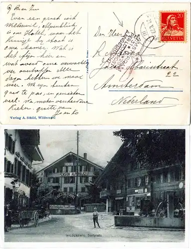 Schweiz, Wilderswil Dorfplatz m. Restaurant, 1929 per Luftpost n. Schweden