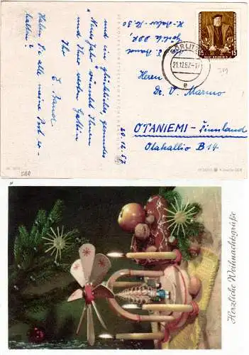 DDR 1957, EF 15 Pf. Holbein auf Weihnachts-AK v. Görlitz n. Finnland