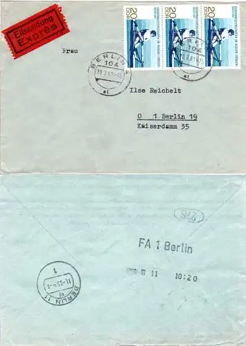 DDR 1969, MeF 3x20 Pf. Rudern auf Eilboten Brief v. Berlin 104. Mit ROHRPOST