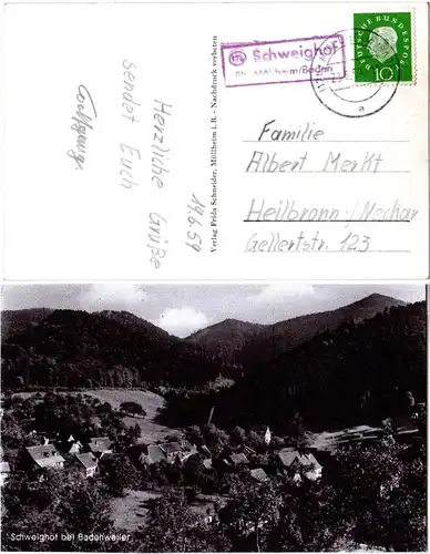 BRD 1959, Landpost Stpl. 17b Schweighof über Müllheim/Baden auf sw-AK m. 10 Pf.