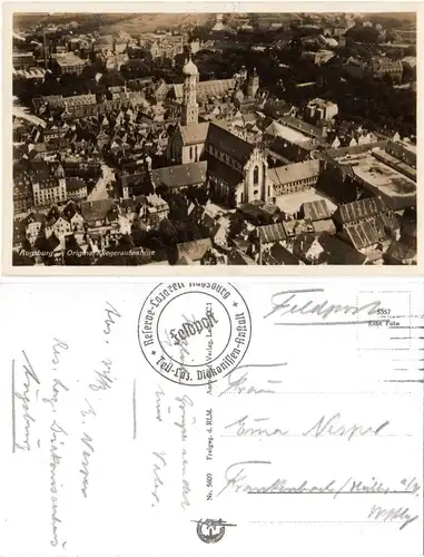 Augsburg, Fliegeraufnahme, sw-AK m. rücks. Stpl. Diakonissen Reserve-Lazarett 