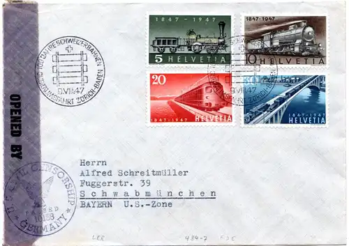 Schweiz 1947, Eisenbahn kpl. auf Zensur Brief v. Ersttag n. Deutschland. FDC!
