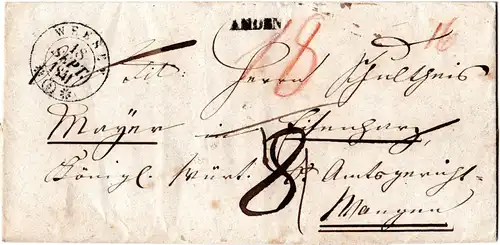 Schweiz 1841, L1 AMDEN u. Zier-K2 WEESEN auf Porto Brief n. Württemberg