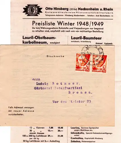 Franz. Zone 1948, MeF 2x2 Pf. Rheinland-Pfalz auf Faltdrucksache v. Nackenheim