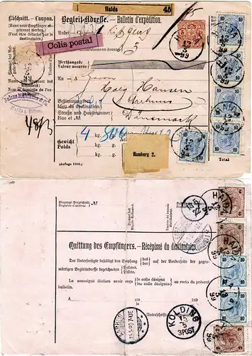 Österreich 1899, 10 Marken auf Paketkarte v. Haida n. Dänemark. Gute Frankatur!
