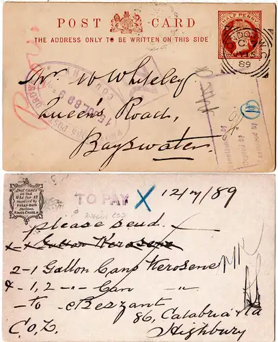 GB 1889, used 1/2d stationery card with advertisement for such cards on reverse!