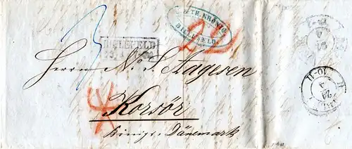 Preussen 1856, R2 Bielefeld auf Porto Brief via KDOPA Hamburg n. Dänemark