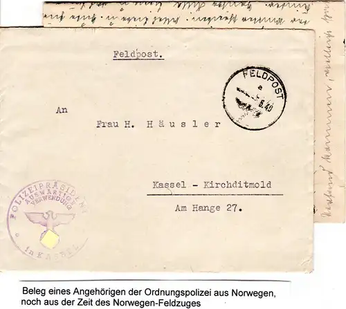 Feldpost WK II 4.6.1940, Ordnungspolizei Brief v. Norwegen Feldzug m. Inhalt