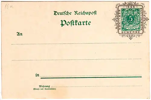 DR, ungebr. 5 Pf. Privatganzsache Karte Gewerbe Ausstellung Berlin 1896.