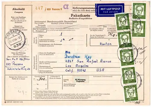 BRD 1966, reine MeF 7x2 M. auf Luftpost Paketkarte v. Kenzingen n. USA.