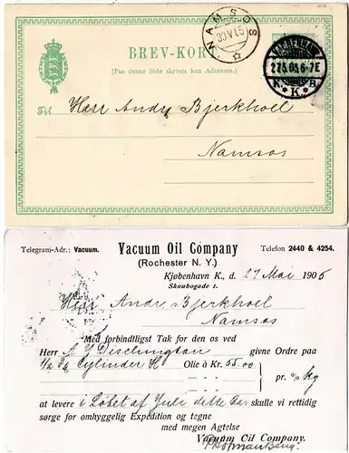Dänemark 1905, 5 öre Ganzsache m. rs. Zudruck Vacuum Oil Company n. Norwegen