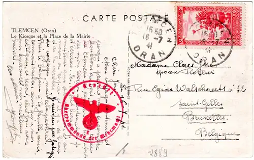 Algerien 1941, 1,50 Fr. auf Farb-AK v. Tlemcen Oran n. Belgien m. dt. OKW Zensur